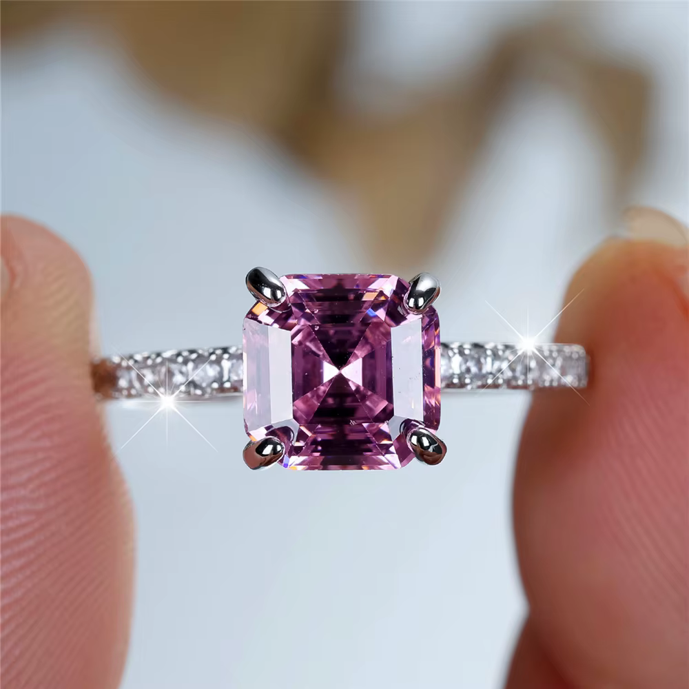 Bague carrée en pierre rose jaune pour femme, breloque, couleur argent, cadeau mignon, bijoux de mar