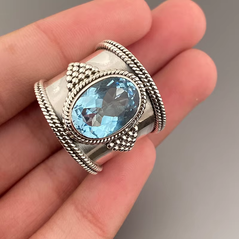 Bague large rétro bleue ovale en imitation pierre précieuse couleur argent pour femme, bijou de doig