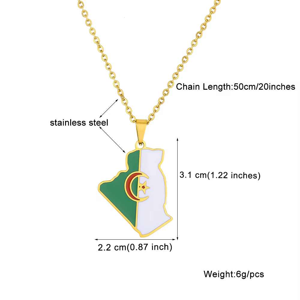 Afrique Algérie Carte Drapeau Pendentif Collier En Acier Inoxydable Or Acier Couleur Algérie Hommes 