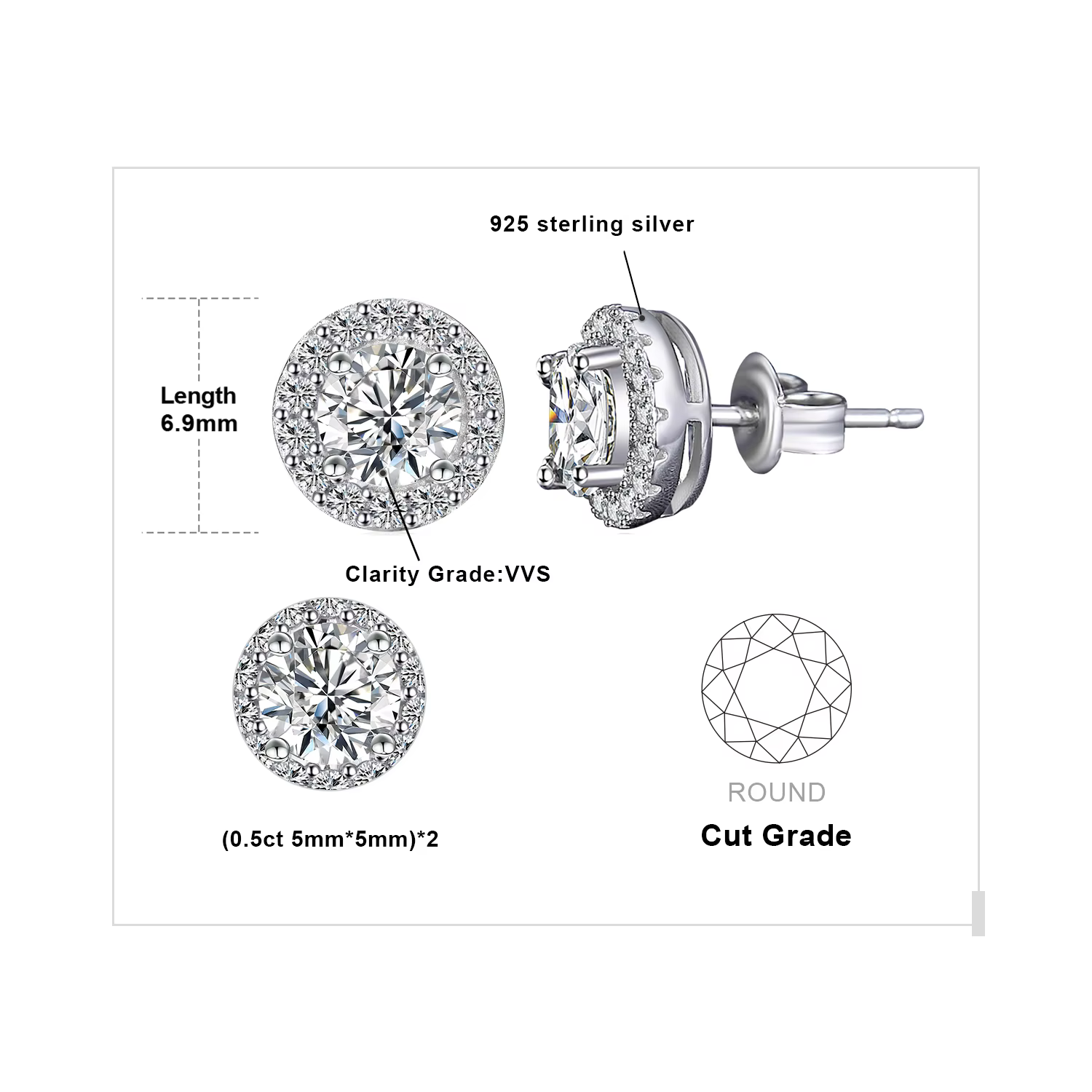 JewelryPalace Moissanite D couleur Total 1ct rond 925 en argent Sterling Halo boucles d'oreilles pou