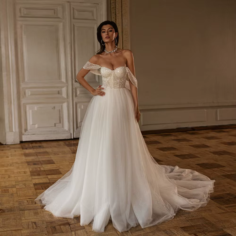 Robes De mariée élégantes sans bretelles avec paillettes, épaules dénudées, en Tulle doux, pour femm