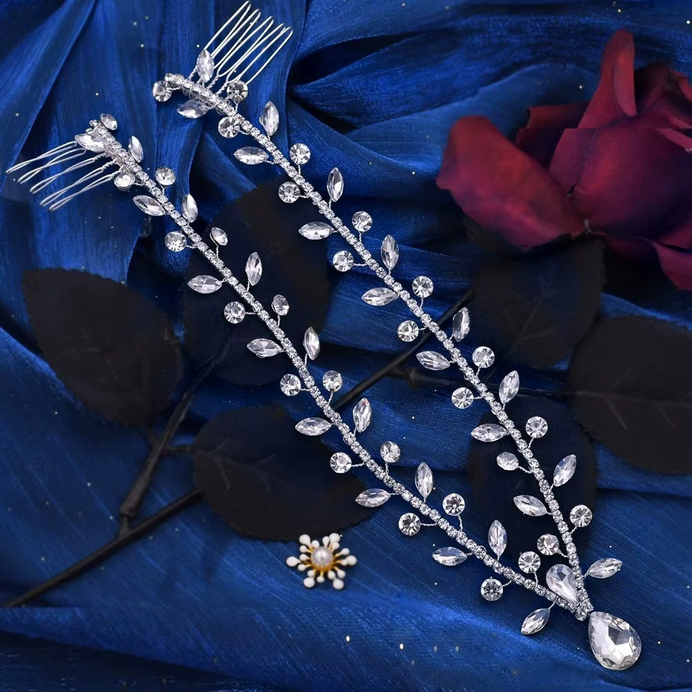 Bandeau front féerique avec peignes, paillettes de cristal, strass, goutte d'eau, bijoux pour le vis
