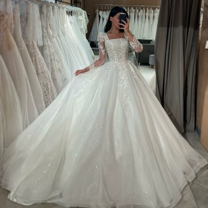 Robe de Mariée Romantique en Organza avec Broderie de Paillettes, Tenue de Bal à Col Carré, Manches 