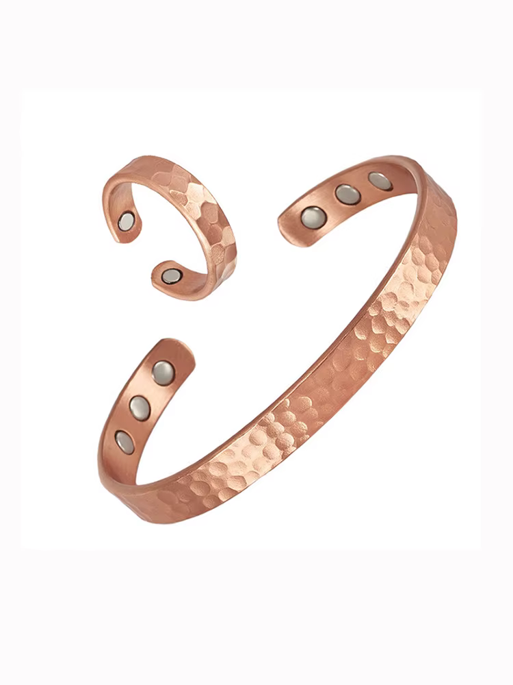 Ensemble de bracelets et bagues en cuivre pur, 2 pièces, conception de motif de marteau réglable, be