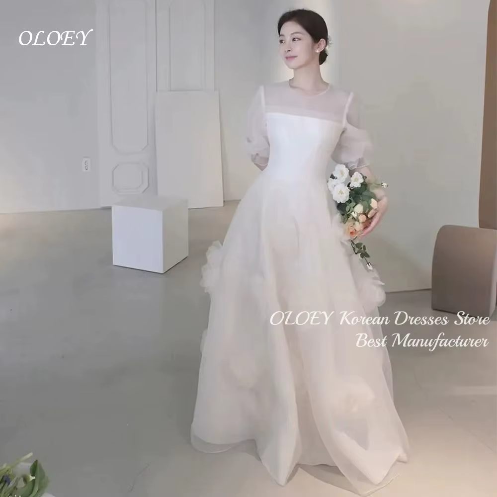 OLOEY Robe de mariée coréenne de rêve en ivoire, col illusion, manches bouffantes, appliques en orga
