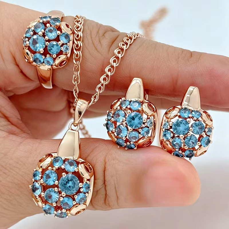 Kinel – ensemble de bijoux en Zircon naturel bleu brillant, couleur or Rose 585, bague, boucles d'or