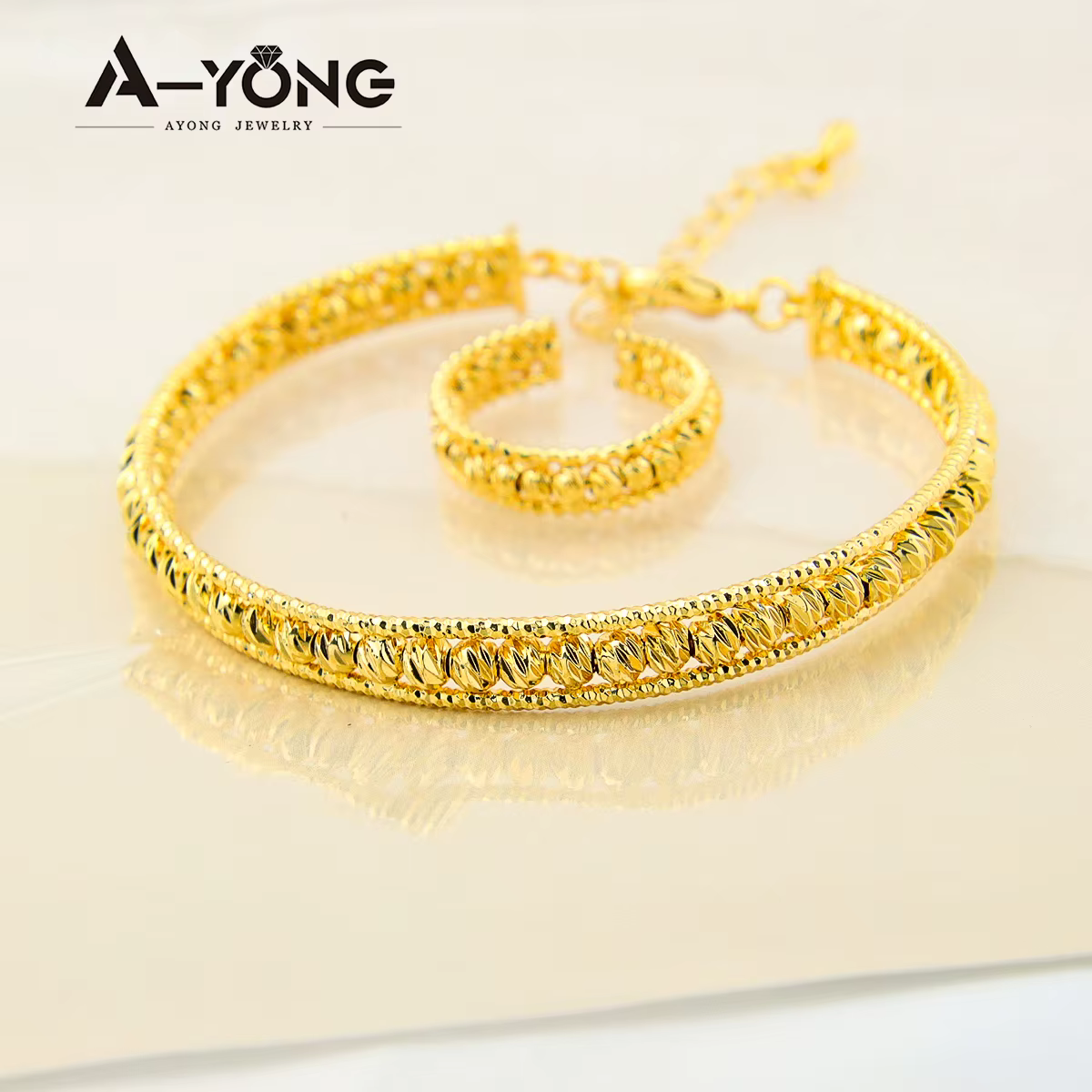 Nigeria bijoux de mariage Bracelet bague ensemble 21k plaqué or arabie saoudite mode perles bracelet