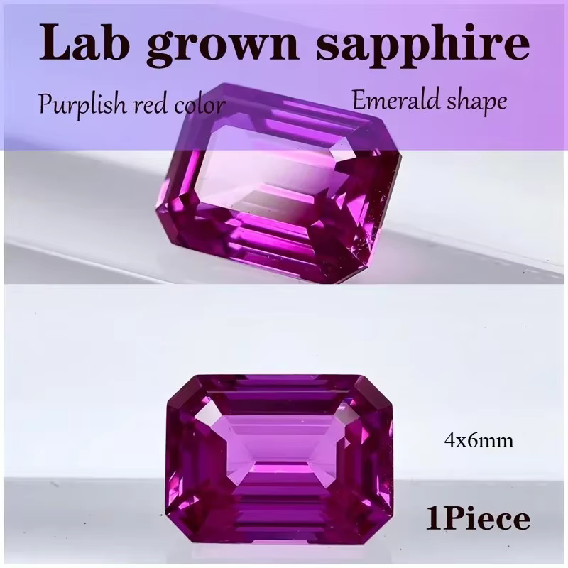Saphirs de laboratoire de qualité supérieure, de forme émeraude, de couleur rouge violacée, pour la 