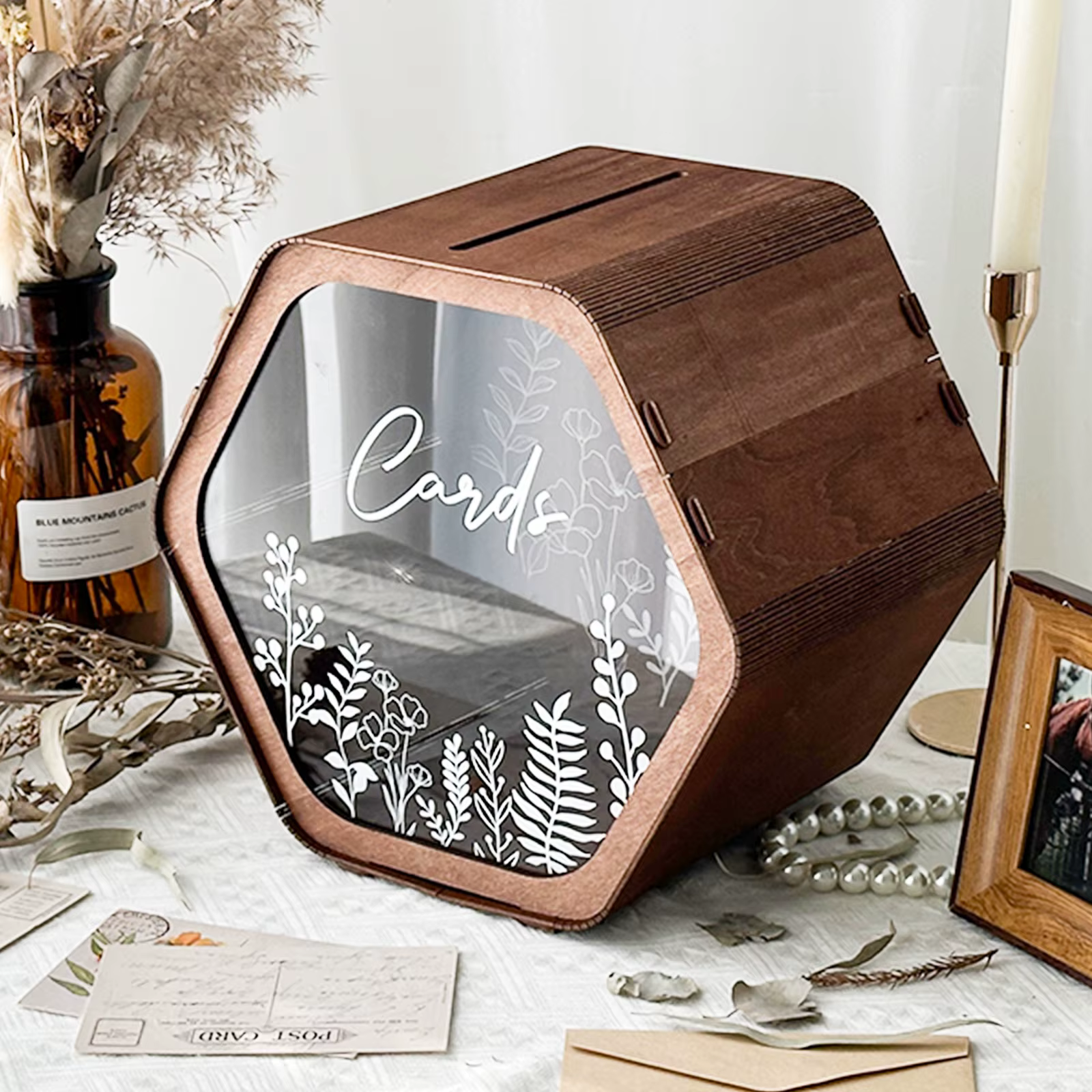 Boîte à cartes de mariage pour fête, boîte à cartes cadeaux hexagonale marron, boîte à enveloppes po