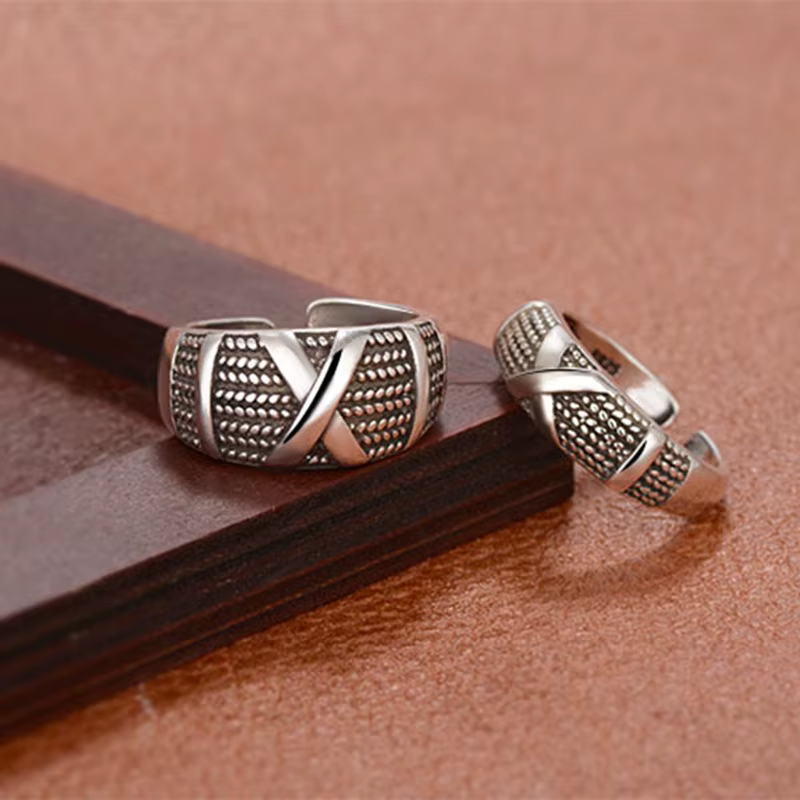 Ensemble de bagues pour couples Buyee en argent sterling 925, élégantes, avec anneau ouvert gris X, 
