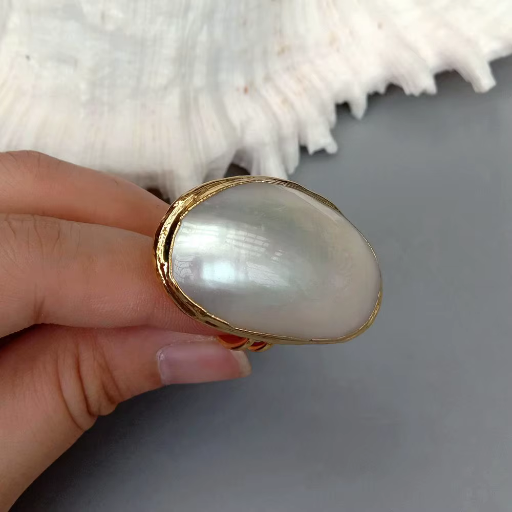 YYGEM-Bague Lunette Plaqué Or Coquille Blanche Naturelle, 24x40mm, Réglable, Bague de Styliste, Bijo