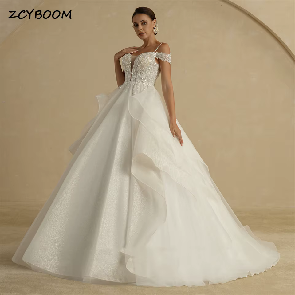 Robe de mariée élégante à bretelles spaghetti, appliques et paillettes, coupe A, longueur au sol, tr