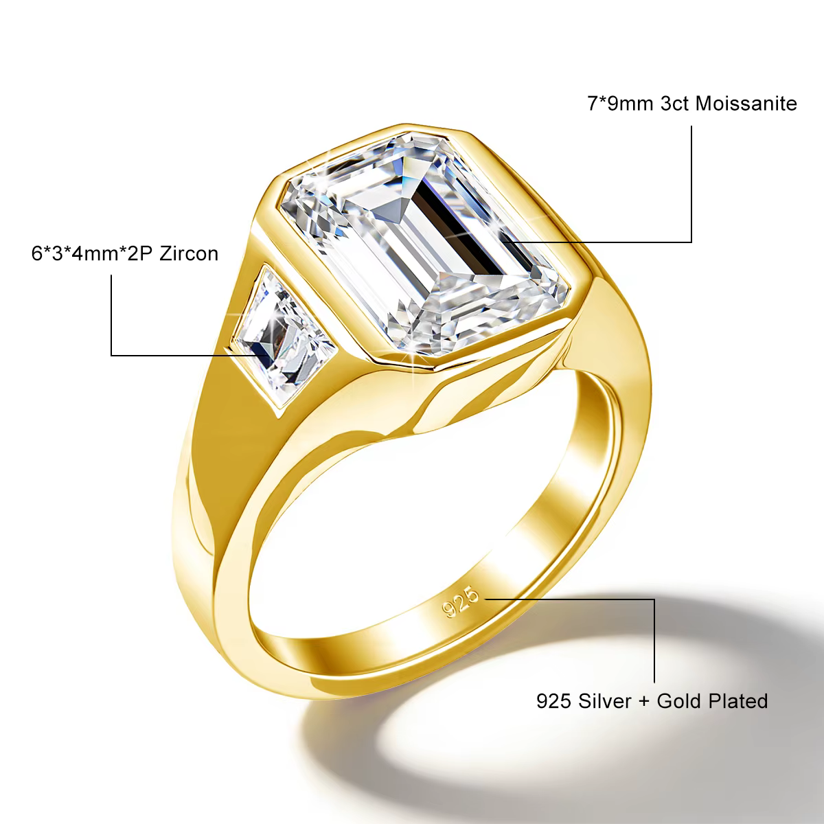 Bagues en Moissanite Taille Émeraude 3CT pour Hommes et Femmes, D VVS1, Bague de Fiançailles à Trois