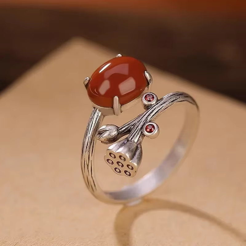Bagues Vintage en argent 925 Tourmaline rouge du sud pour femmes, fleur de Lotus, Style chinois, bag