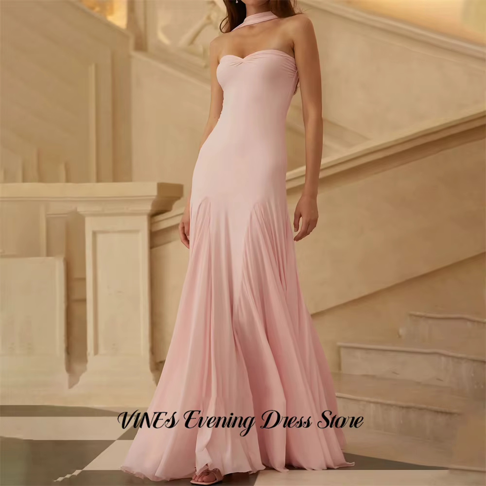 Robe de soirée rose fluide sans manches, drapée, coupe sirène, avec traîne, pour bal de promo, perso