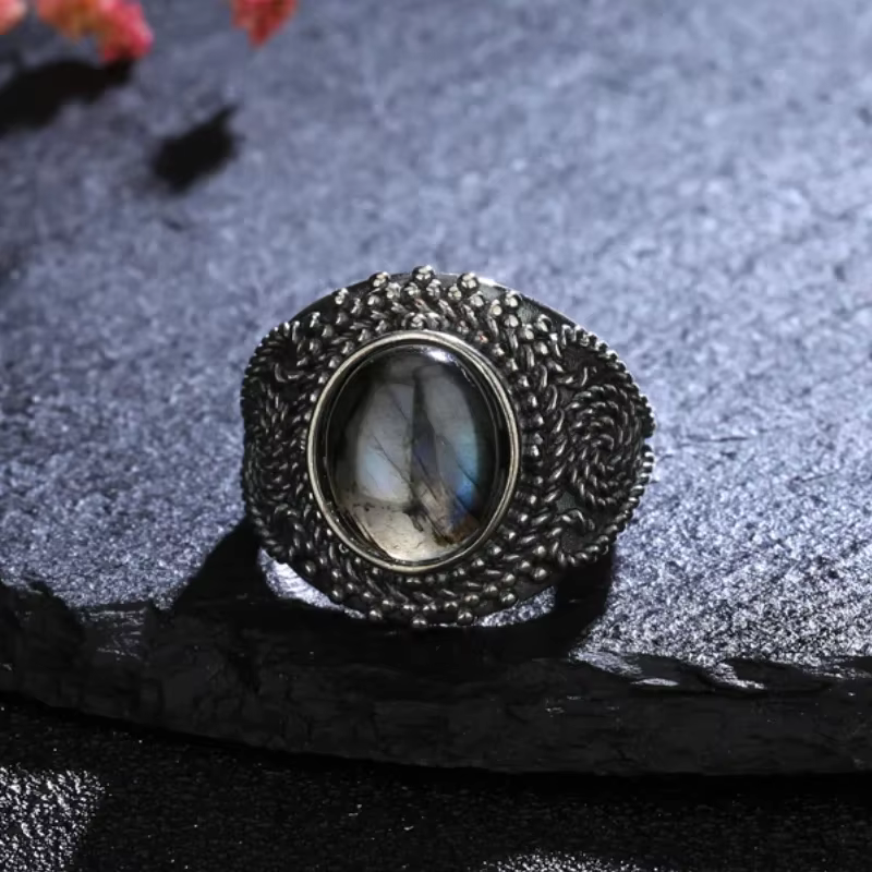 Bague en Lapis Lazuli et Labradorite Naturelle 10*12MM, Plaqué Argent, Style Vintage Sculpté, pour F