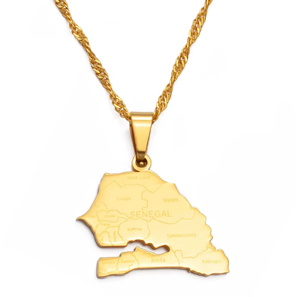 Colliers pendentifs Anniyo avec carte du Sénégal et noms des villes pour femmes, bijoux couleur or, 