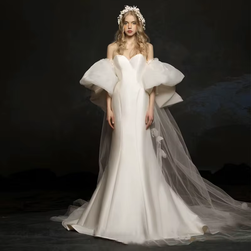 Robe de mariée légère en Satin français, avec tempérament élégant, queue de mariée Simple à fleurs t
