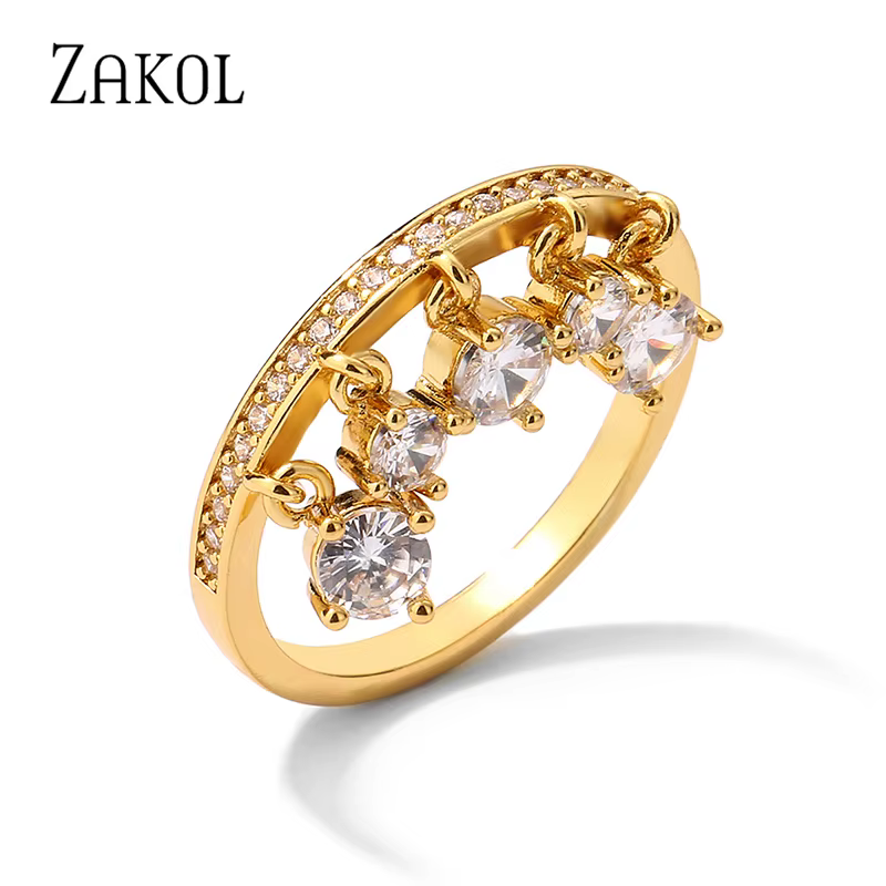 Bague ZAKOL tendance en zircone rectangulaire avec pampille pour femme, couleur or, bijou de fête