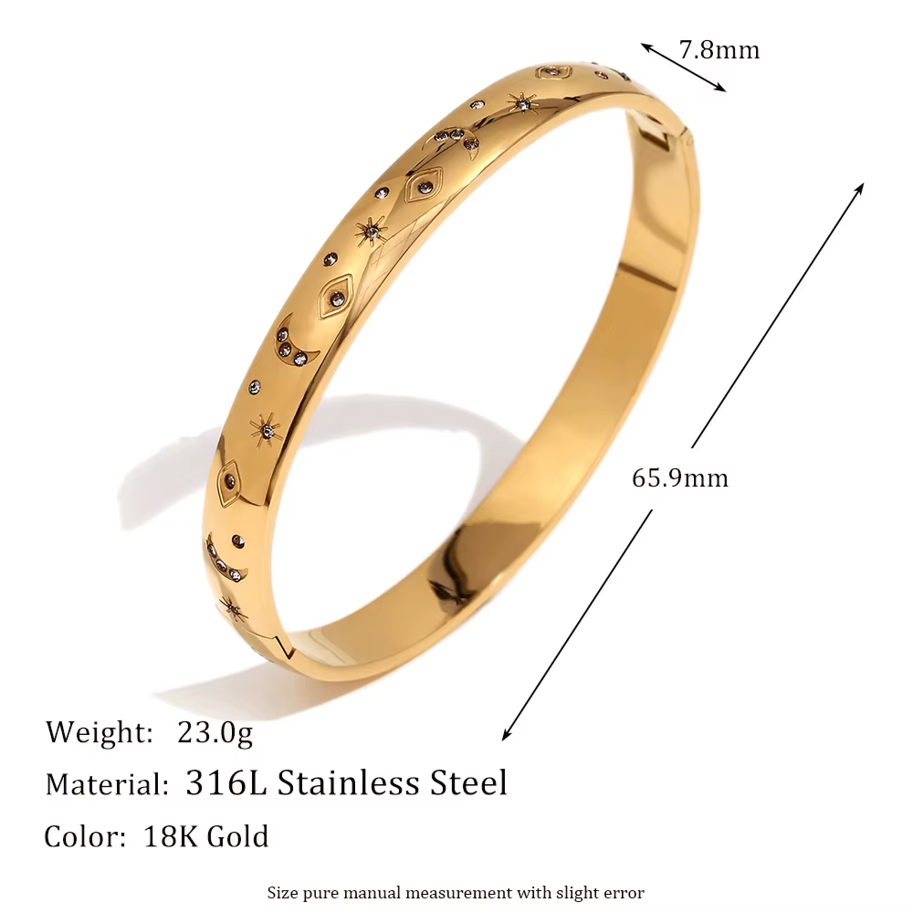 E.B.belle-Bracelet Strass Minimaliste Étoile Lune Plaqué Or 18K, Acier Inoxydable SION L, Breloque V