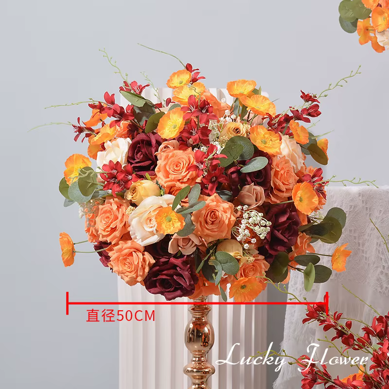 Fleurs Artificielles pour Décoration de Table de Mariage, Rose Orange Rouge, Boule de Fleurs en Plom