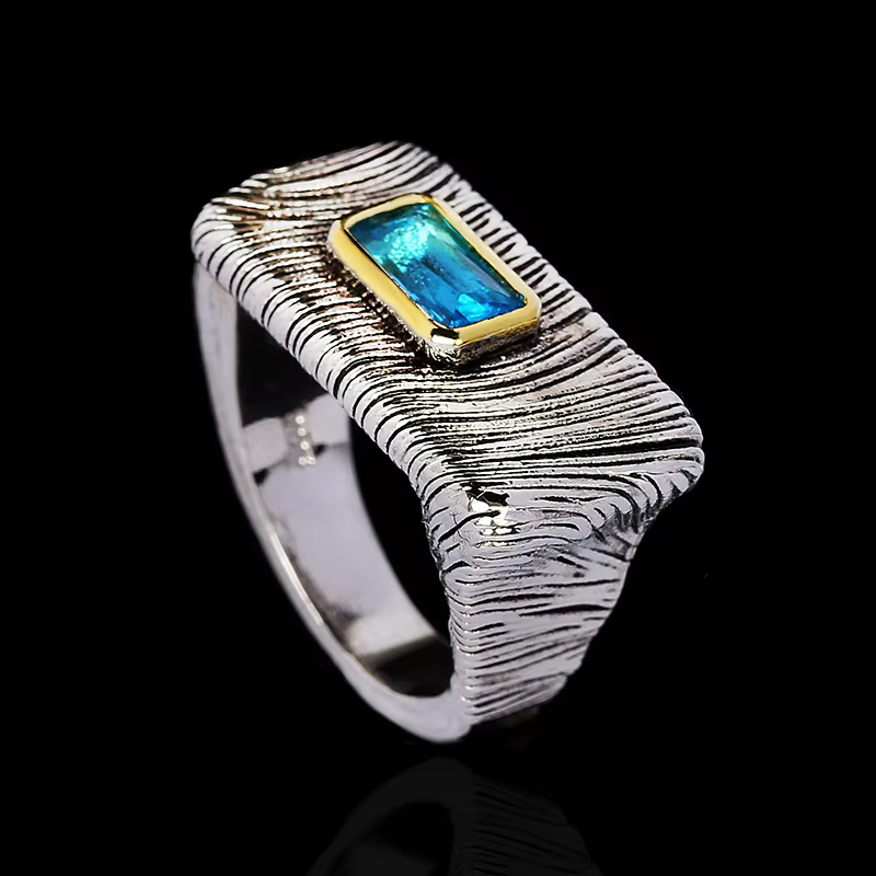 Bague en argent vintage pour femme, bague incrustée créative pour homme, bijoux bicolores, bleu, noi