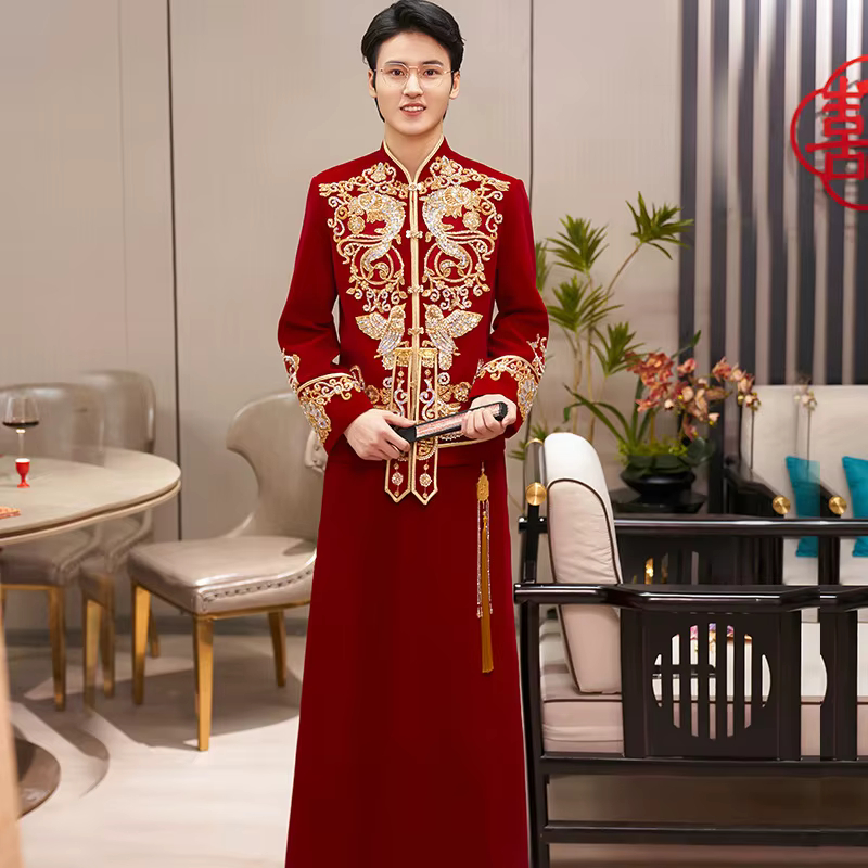 Robe de mariée traditionnelle chinoise XiuheRobe de mariée avec châle trainToast Cérémonie sortante 