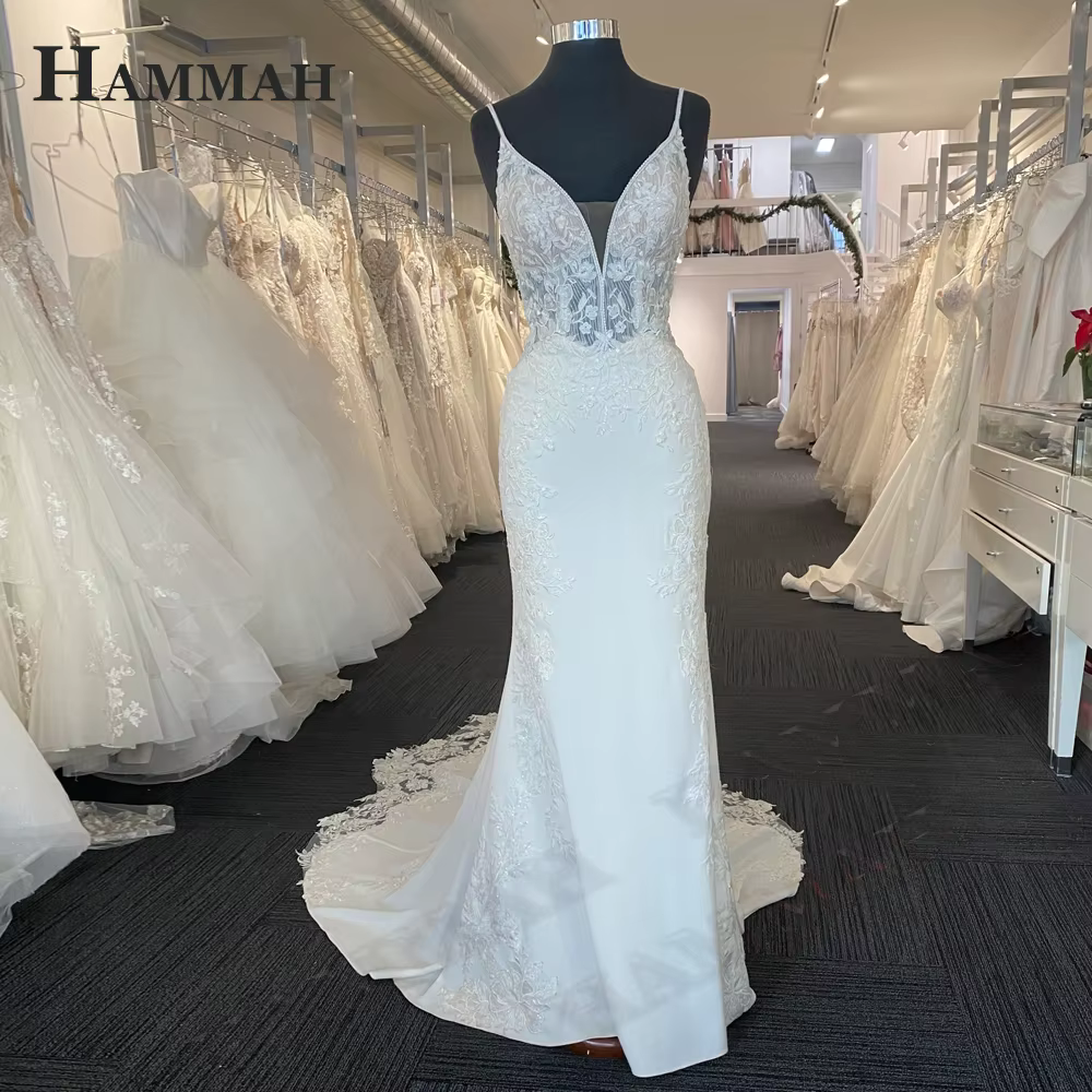 HAMMAH-Robes de mariée sirène élégantes, col en V, appliques en dentelle, bretelles spaghetti, satin