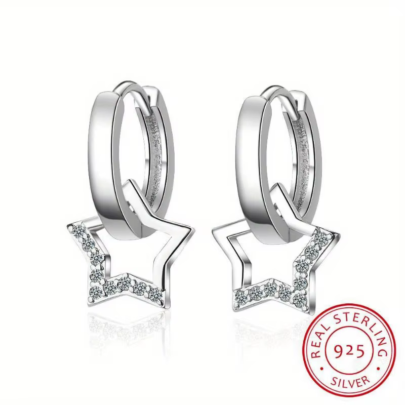 Boucles d'oreilles créoles en forme d'étoile creuse en argent sterling 925 véritable – Petites boucl
