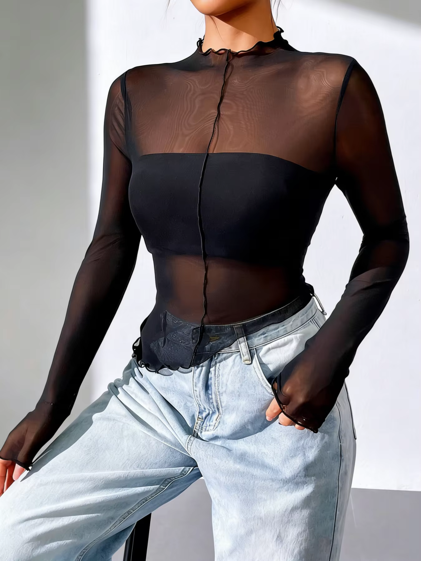 Ensemble deux pièces en maille pour femme, haut ajusté transparent à manches longues, noir, tenue él