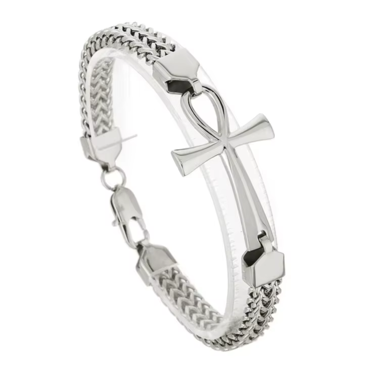 Bracelet pour homme en acier titane vintage, croix égyptienne antique, style rock hip hop, chaîne tr