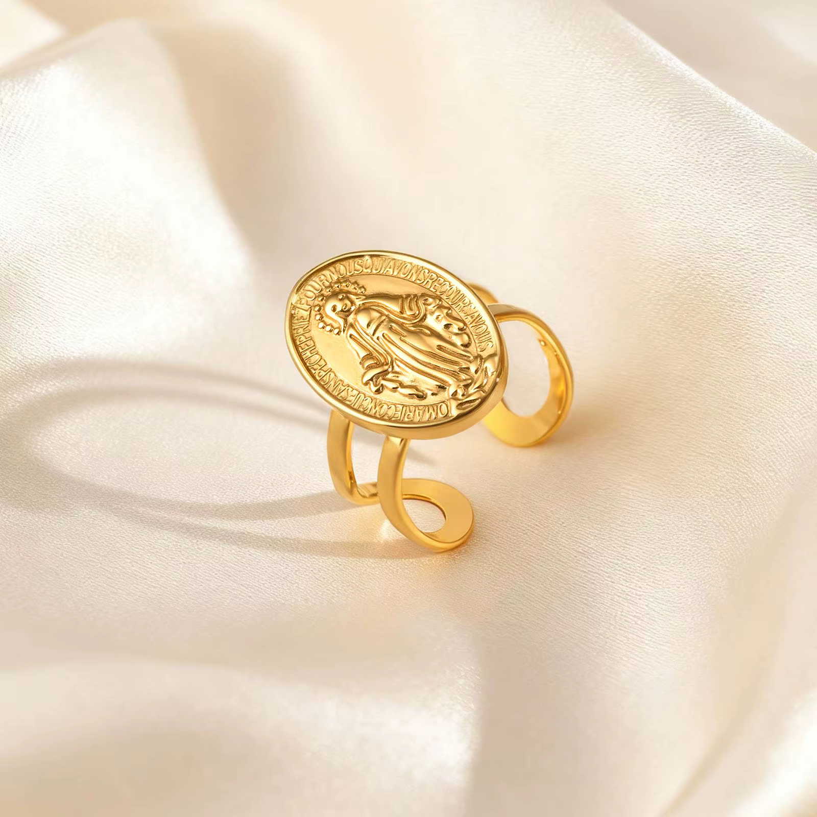 Bague de prière vierge marie plaquée or de haute qualité, anneaux d'ouverture ronds de marque pour f