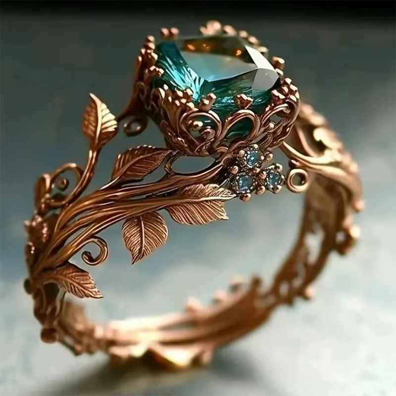 Huitan – bague Design feuille couleur or Rose pour femmes, avec zircone cubique carrée verte, bijoux