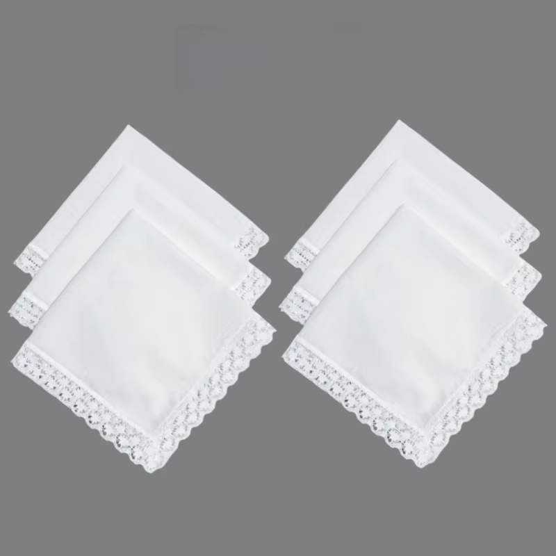 Lot de 6 mouchoirs blancs unis avec bordure en dentelle, serviettes en coton pour assiettes, mouchoi