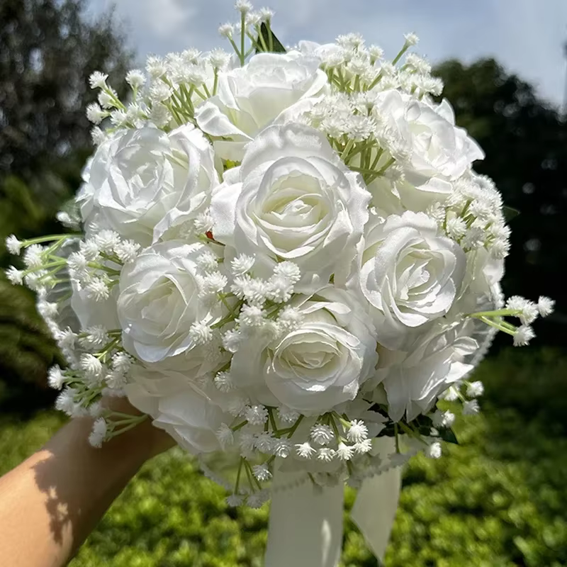 Bouquets de mariage pour mariée Bouquet de roses artificielles soie mariée main tenant perle dentell