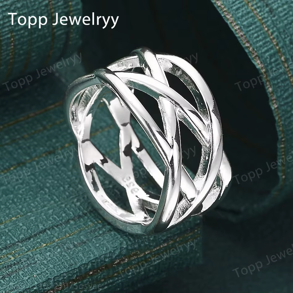 Argent sterling 925 simple 5-10 #   Bague tressée creuse pour femmes, charme tendance, cadeau de fêt