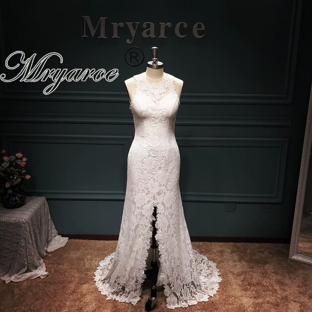Mryarce robe de mariée de plage élégante dos ouvert dentelle extensible avant fente robes de mariée
