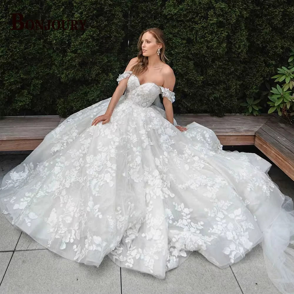 BONJOURY – Robe De mariée princesse pour femmes, épaules dénudées, en dentelle, avec des Appliques e