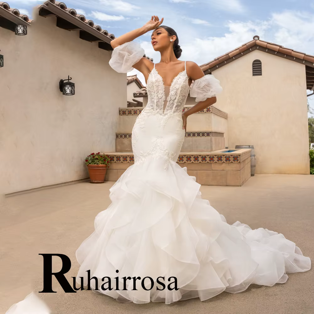 Ruhair fantaisie trompette robes De mariée pour les femmes dentelle Appliques Corset à plusieurs niv