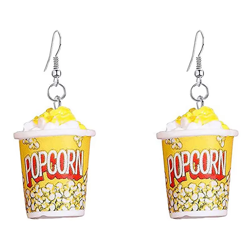 Boucles d'oreilles pendantes en résine 3D pour femmes, simulation créative, pop-corn E27, crochet fa