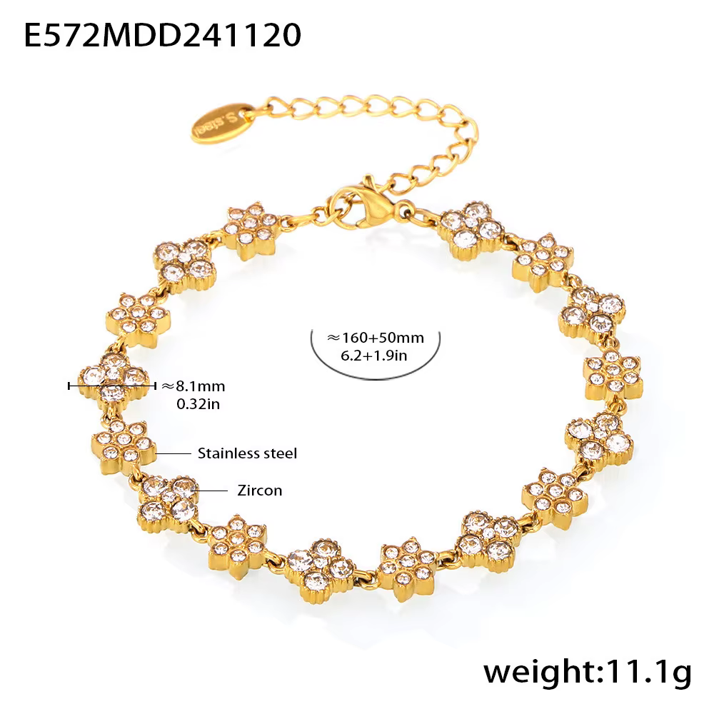Bracelet Plaqué Or 18K Fleur Chic pour Femme, Bracelet en Acier Inoxydable Incrusté, Vintage, Charme
