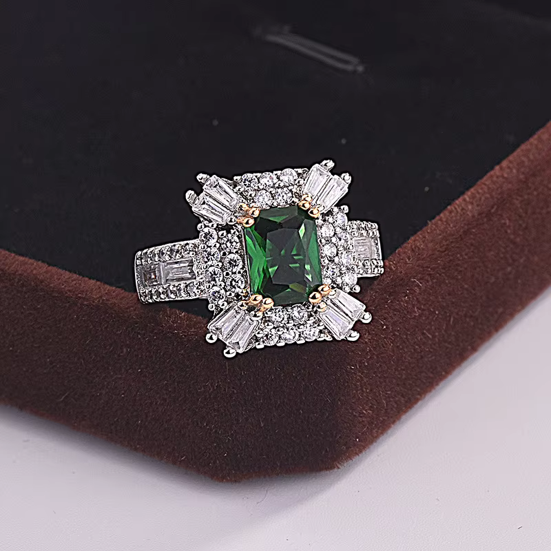 Bague de princesse carrée en émeraude et zircon de style luxueux - Bague en argent sterling 925 - Ba