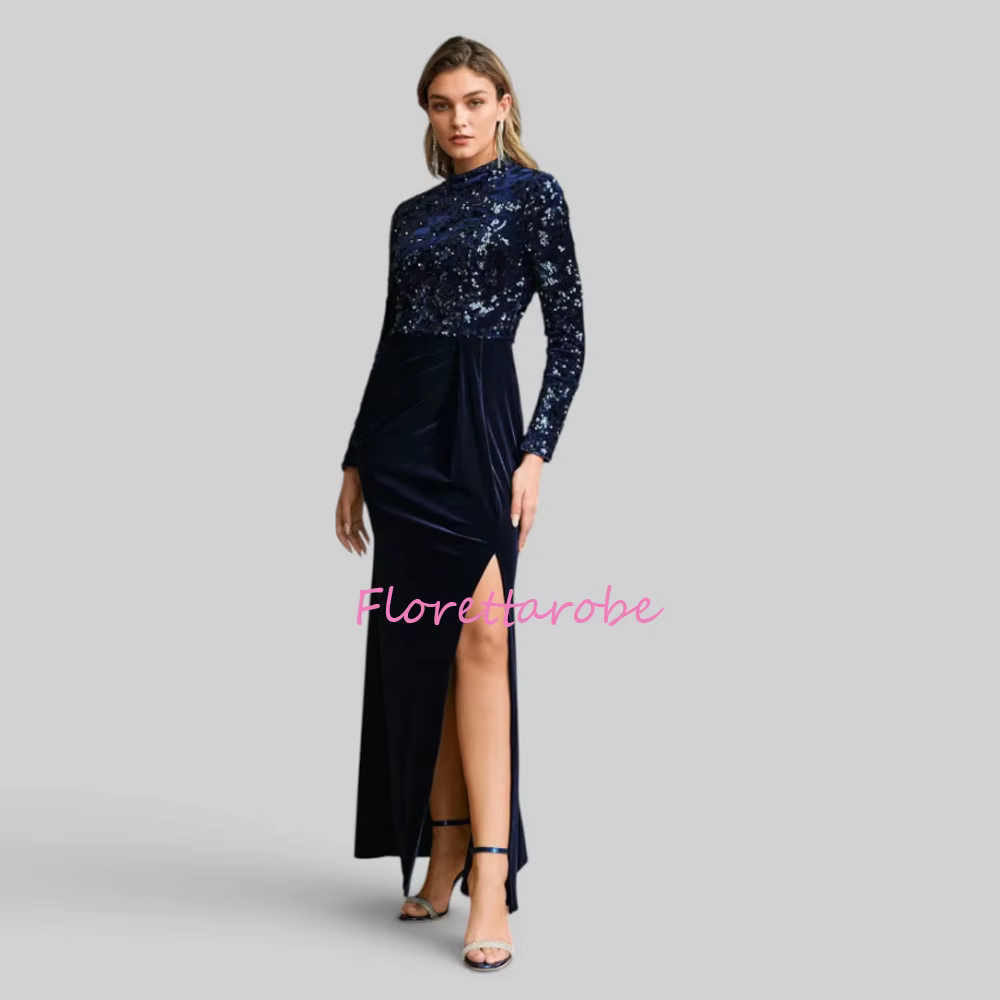 Robes bleues pour la mère de la mariée, col haut, manches longues, paillettes de cristal, velours fe