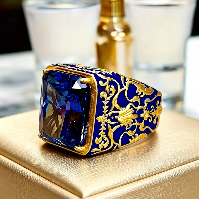 Bague vintage en émail bleu avec cristaux CZ pour femme et homme, plaquée or, style baroque sculpté,
