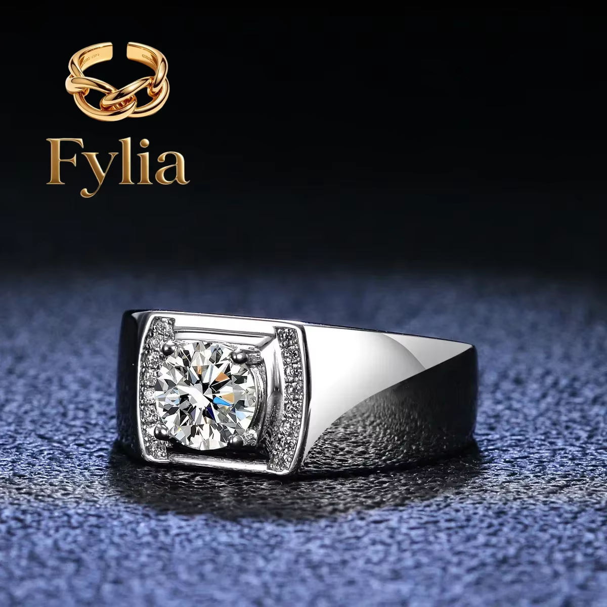 Bague pour homme Fylia Jewelry en platine PT950 haut de gamme avec diamants Moissanite, finition élé