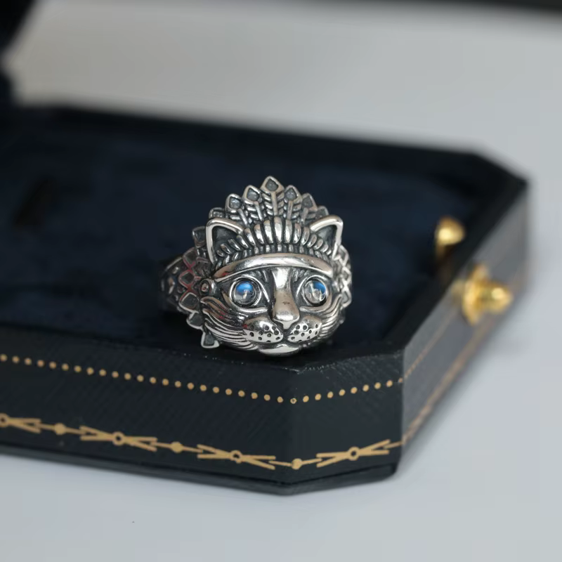 Bague unisexe en argent thaïlandais rétro pour femmes et hommes, bijoux de style indien, chat, anima