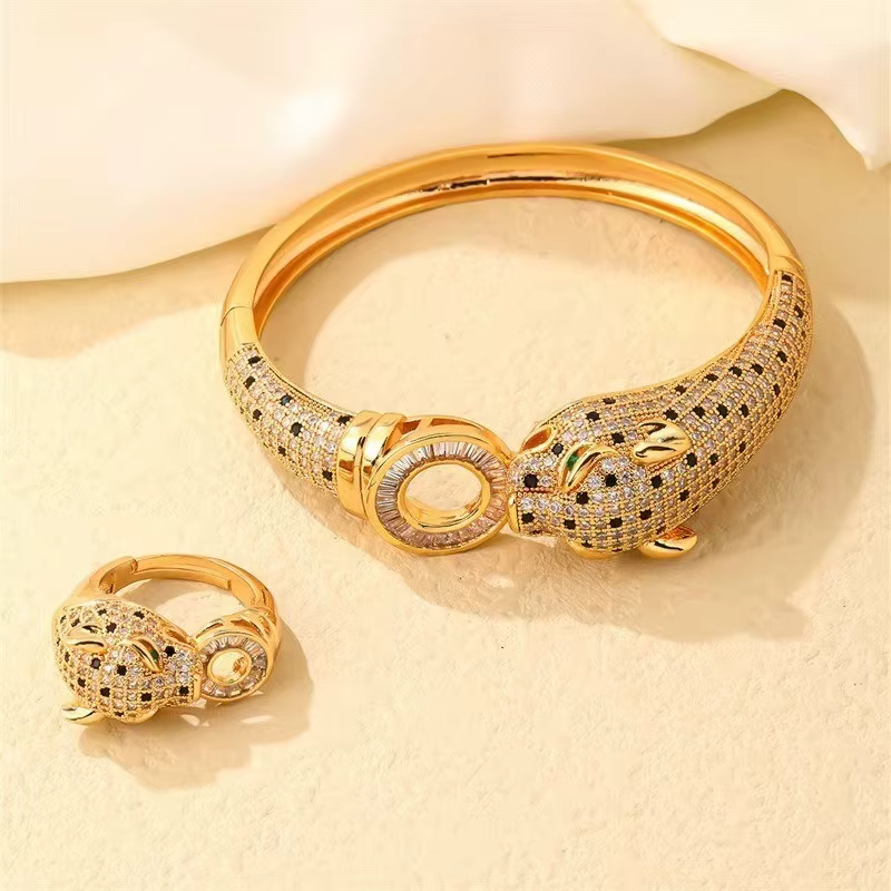 Ensemble de bagues et Bracelet panthère au Design de luxe, pavé de Zircons scintillants, léopard ouv