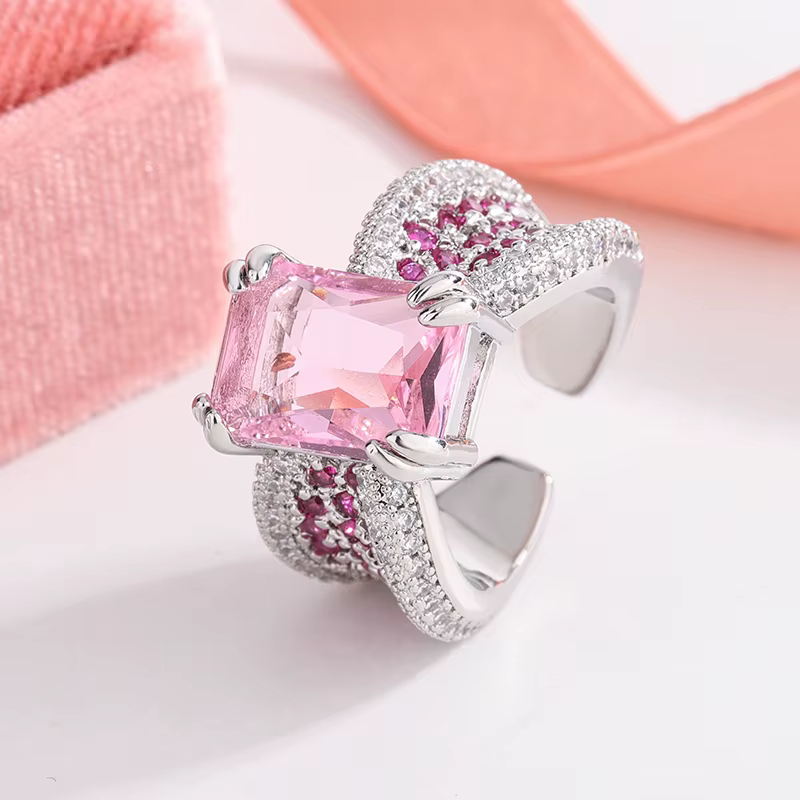 Bague en zircone cubique rose doux pour femmes, fiançailles, mariage, luxe scintillant, plaqué argen