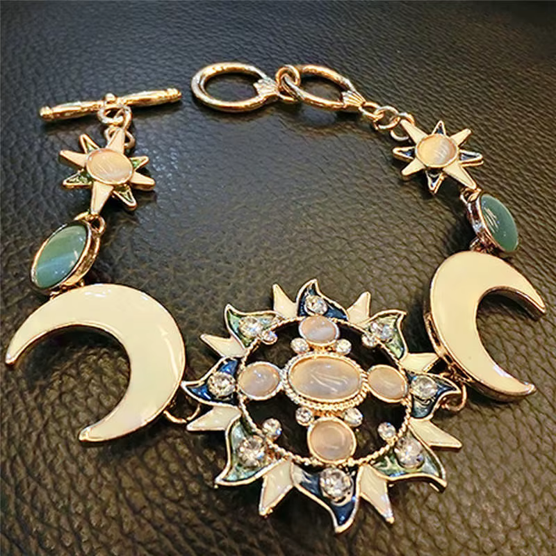 Bracelet en strass naturel, Style bohémien, asymétrique, soleil, lune, étoile, pierre opale, bijoux 