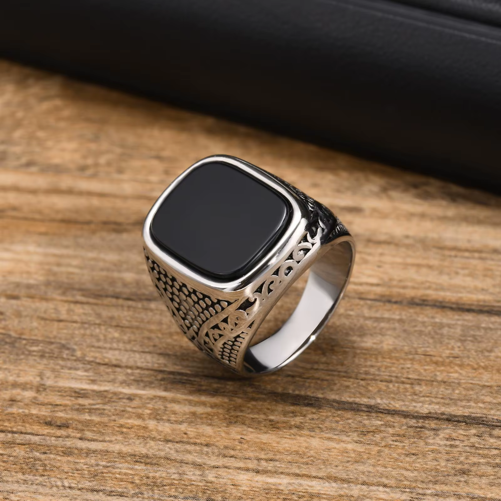 Bagues chevalière en pierre d'onyx Punk pour hommes, bague Pinky élégante et étanche en acier inoxyd